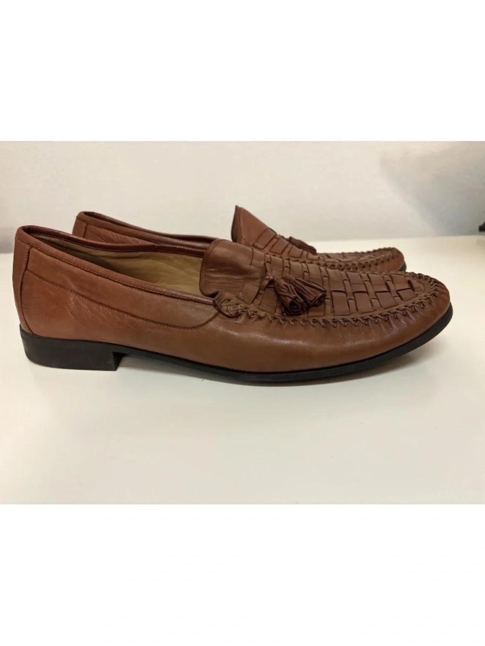Johnston & Murphy Men’s Sheepskin Loafers Brown Leather Woven Tassel Dress Sz 13
